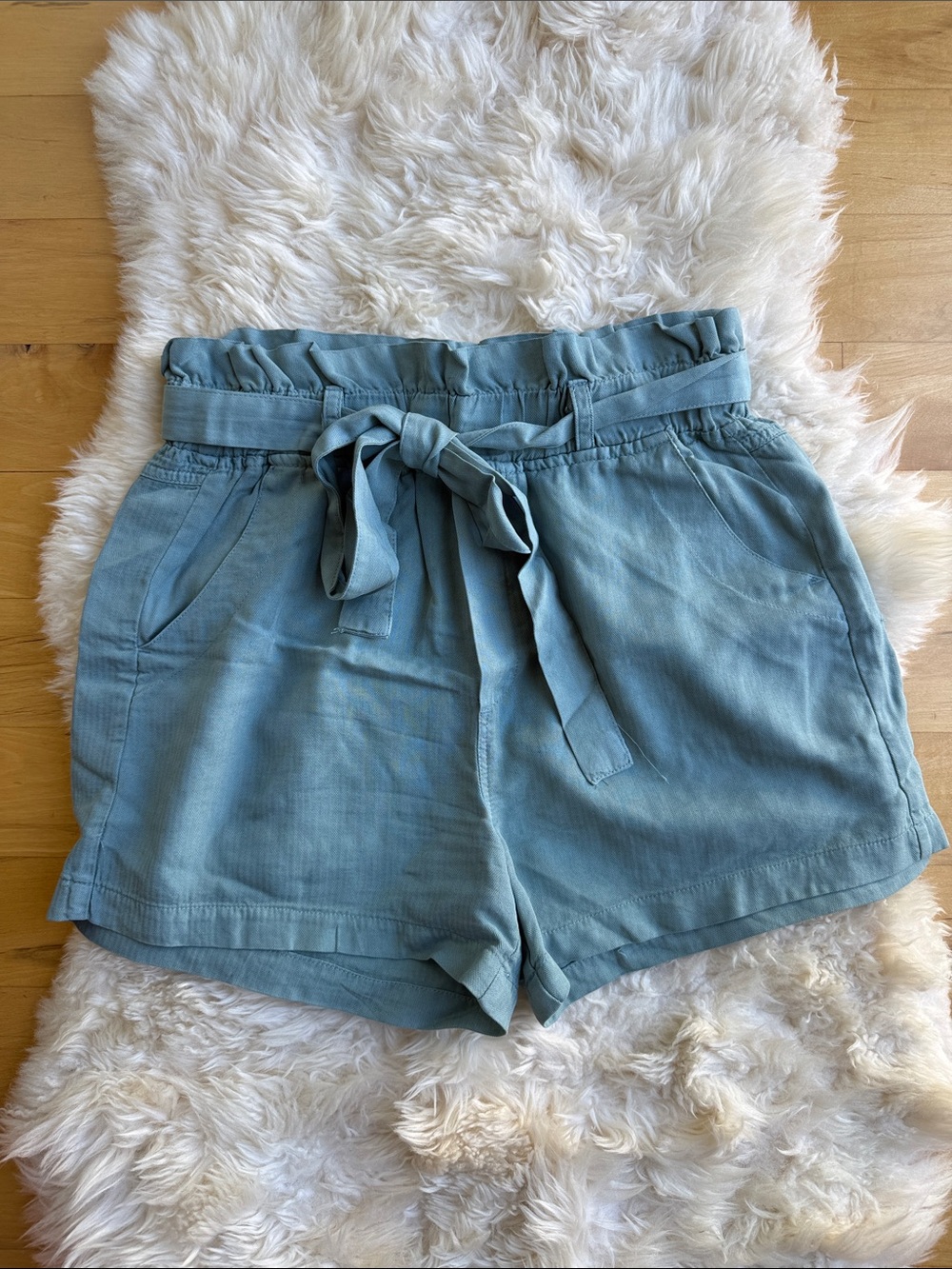 Thread & Supply Blue/Teal Women's Paperbag Waist Shorts with Tie, size Small